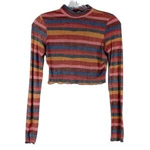 NWOT FARM RIO Top P~XS~S Rainbow Glitter-Metallic Stripe Ruch Crop Long-Sleeve